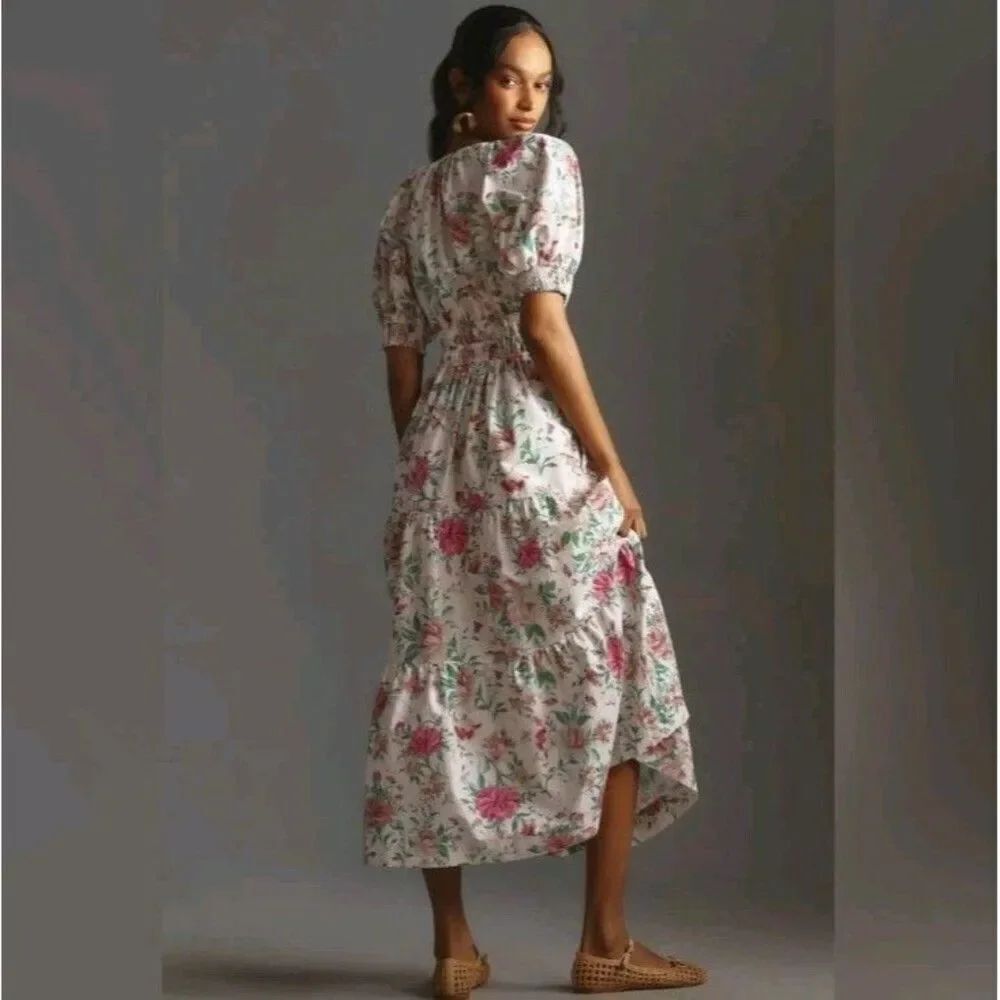 Anthropologie The Somerset Maxi Dress Puff Sleeve Edition Cream Floral Size XS